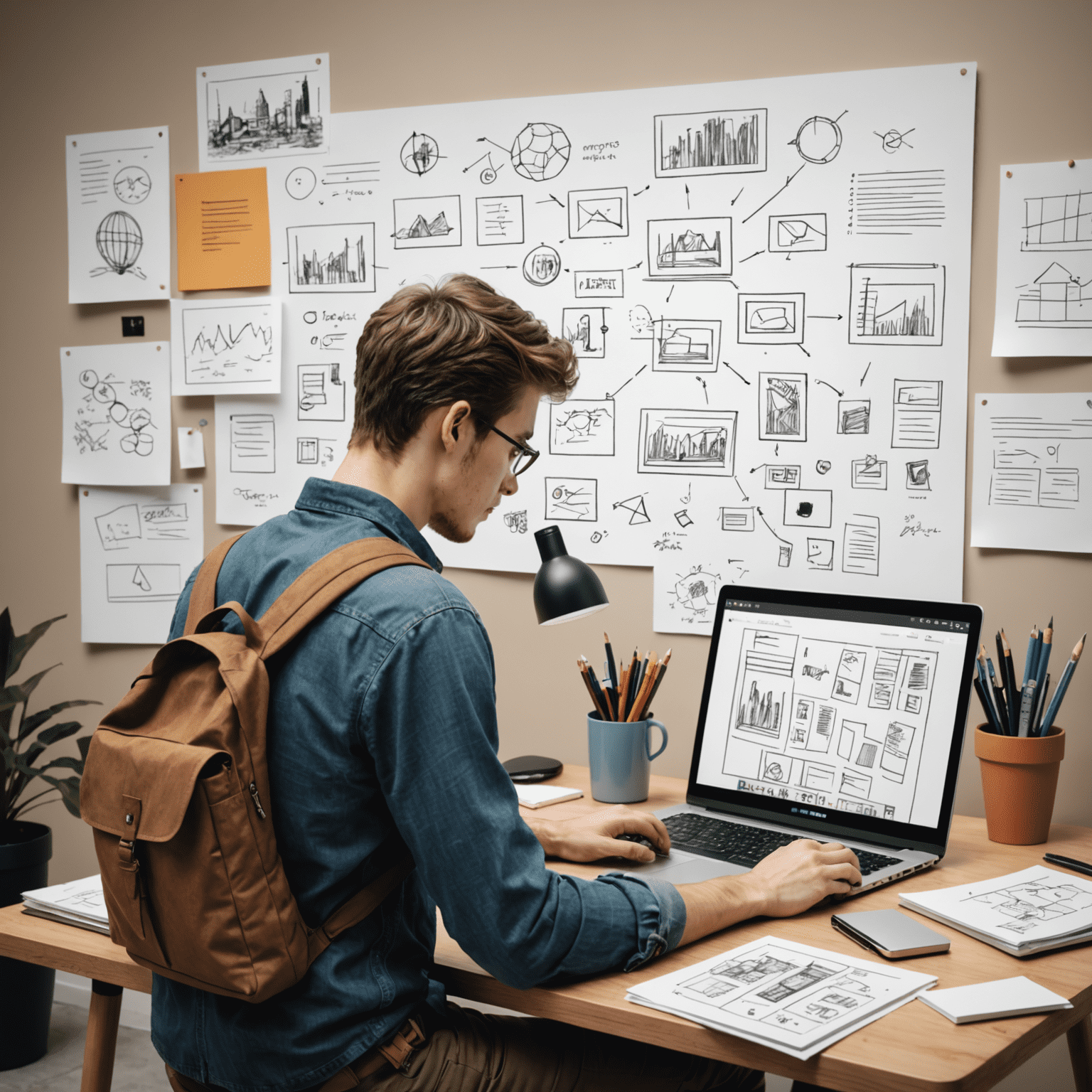 Estudiante trabajando en un proyecto de diseño web en su computadora portátil, rodeado de notas y bocetos