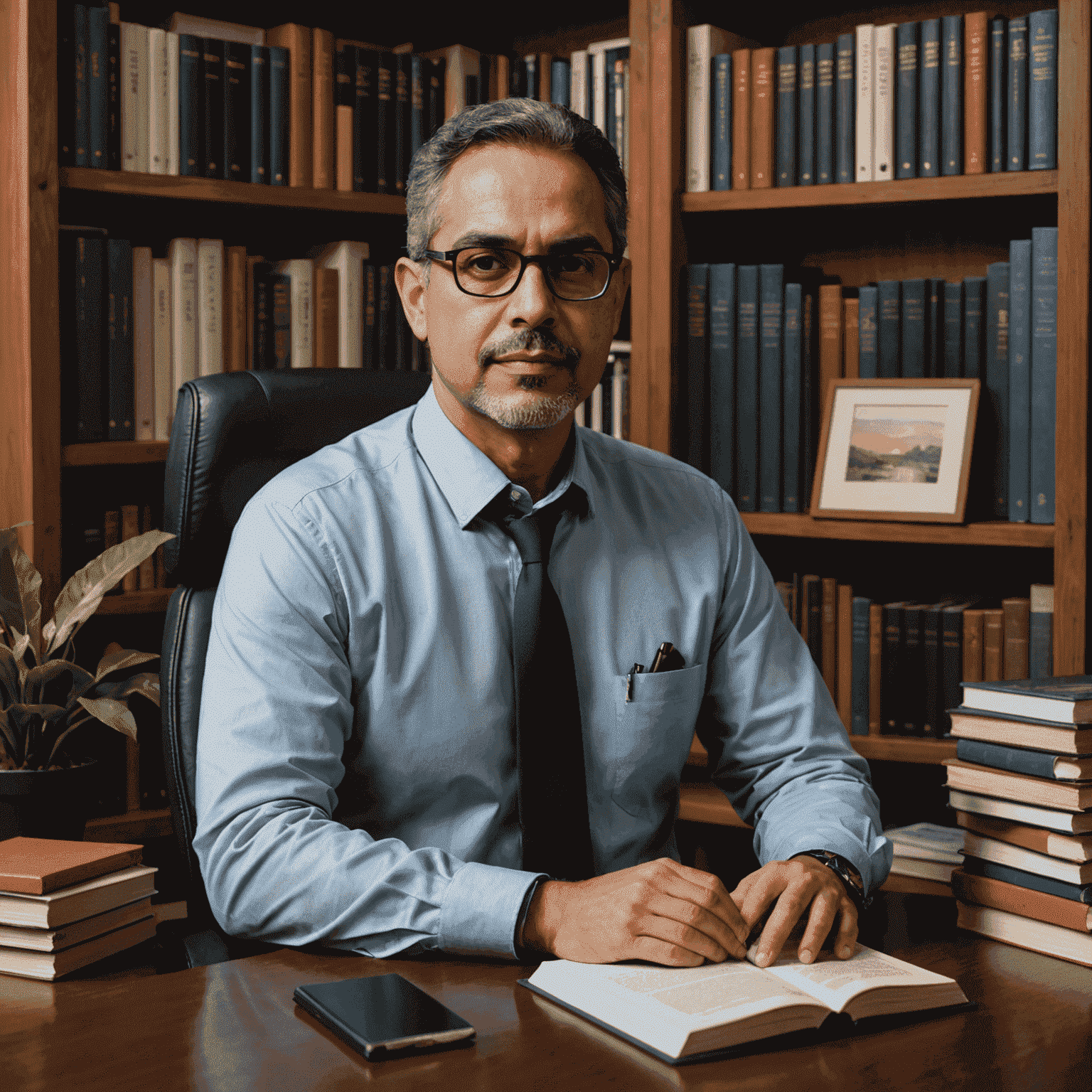 Retrato de Carlos Ramírez, jefe de instrucción, en su oficina rodeado de libros de diseño